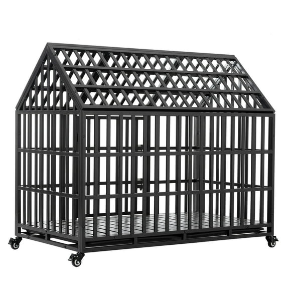 Noaman Peaked Roof Dog Crate with 360° Casters - 52" Extra-Large Metal Kennel)