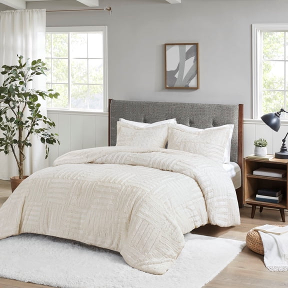 Noaman King/Cal King Fur Down Alternative Comforter Mini Set, Ivory Faux Fur Checkerboard Design, Hypoallergenic Polyester Fill, Includes 2 Shams, OEKO-TEX Certified