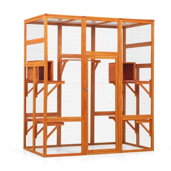 Noaman Large Cat Enclosure with 5 Perches, 2 Condos & Lockable Door, 62.6"L x 32.3"W x 70.1"H, Orange for Cats/Rabbits/Guinea Pigs