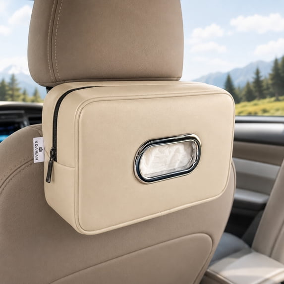 Noaman Car Tissue Holder for Backseat, Rectangular PU Leather Tissue Box Organizer for Cars, SUVs & Trucks, Beige