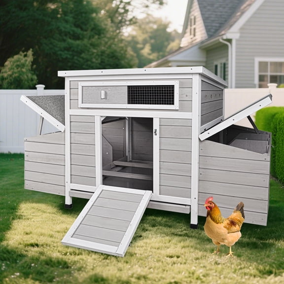 Noaman Large Wooden Chicken Coop Outdoor Hen House with 2 Sides Nesting Boxes, Gray+White Matte, 57.87x33.86x30.55in