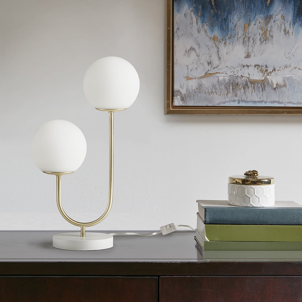 Noaman Metal 2-Light Globe Table Lamp, 20" Height Gold & White Modern Desk Lamp with Frosted Glass Shades, 60in Cord for Bedroom/Living Room
