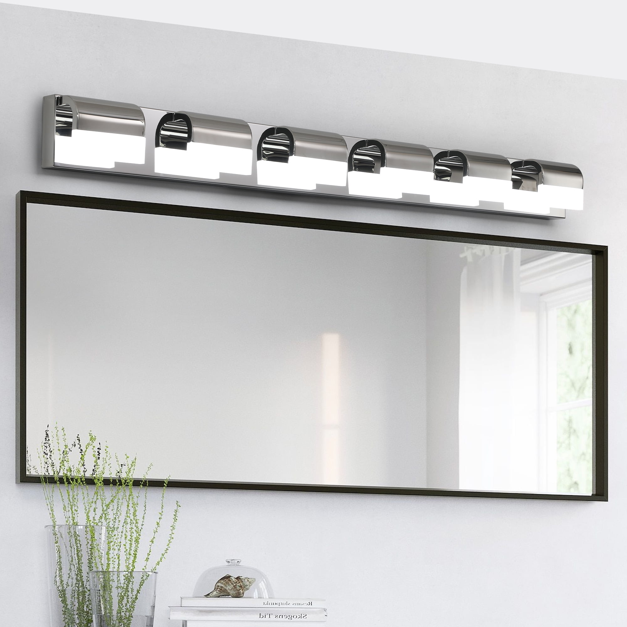 Noaman Modern Bathroom Vanity Lighting 6-Light LED Wall Light, 46.5in Chrome Finish, 6000K Daylight, 30W Hardwired Mirror Light for Bathroom & Dressing Room