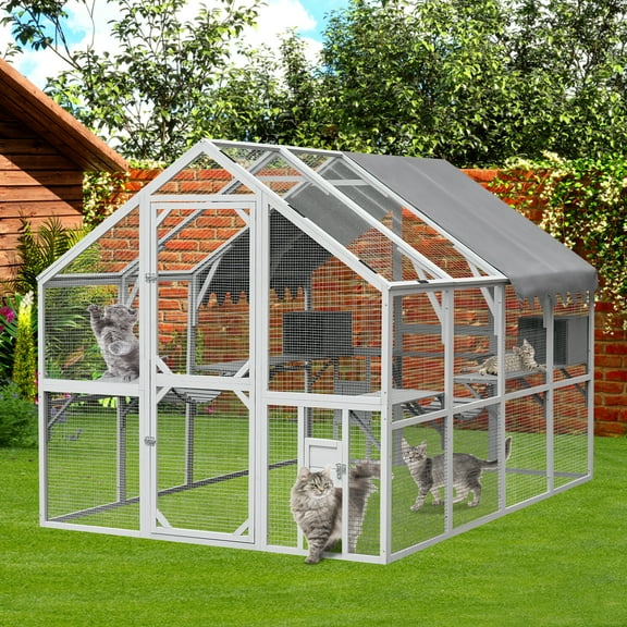 Noaman Outdoor Cat House 110" Large Cat Enclosures with Platforms, Waterproof Cover for Outdoor Use, Blue & Grey, Metal & Wood Construction