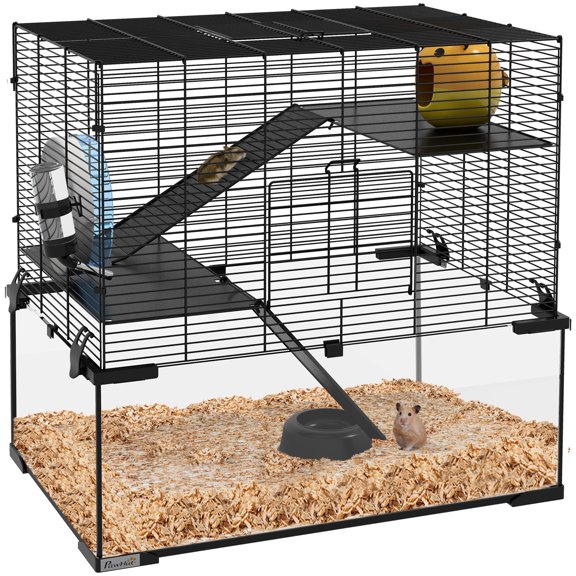 Noaman PawHut 23.5" Hamster Cage with Glass Basin, 3-Tier Steel Habitat with Ramps, Platforms, Exercise Wheel, Water Bottle & Food Dish for Small Pets, Black