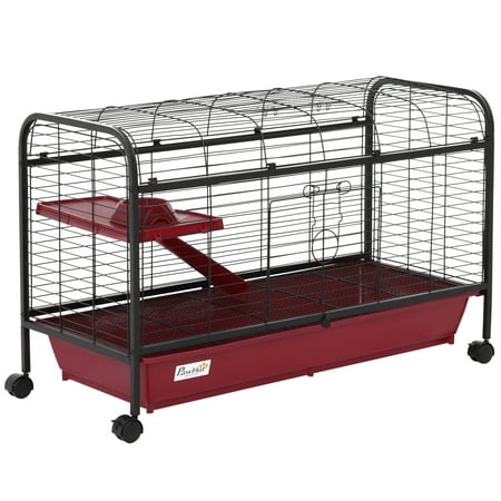 Noaman PawHut 41"L Small Animal Cage Rabbit Hutch Ferret Pet Play House with Feeder, Rolling Wheels, Platform, Ramp, Black Steel Enclosure