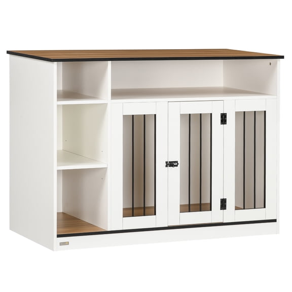 Noaman PawHut 47" Dog Crate Furniture with Adjustable Shelf, White Indoor Pet Crate End Table for Medium & Large Dogs up to 55 lbs, Multi-Functional TV Stand or Side Table