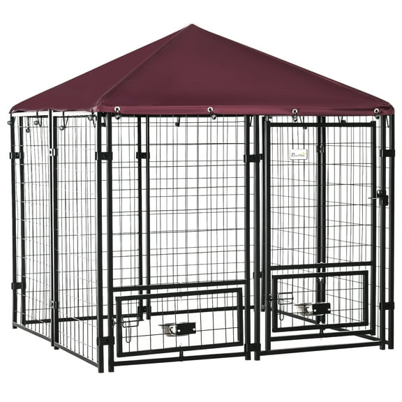 Noaman PawHut 5' x 5' x 5' Outdoor Dog Kennel with Rotating Bowl Holders, Walk-in Pet Playpen, Welded Steel Fence & UV-Resistant Canopy, Red and Black