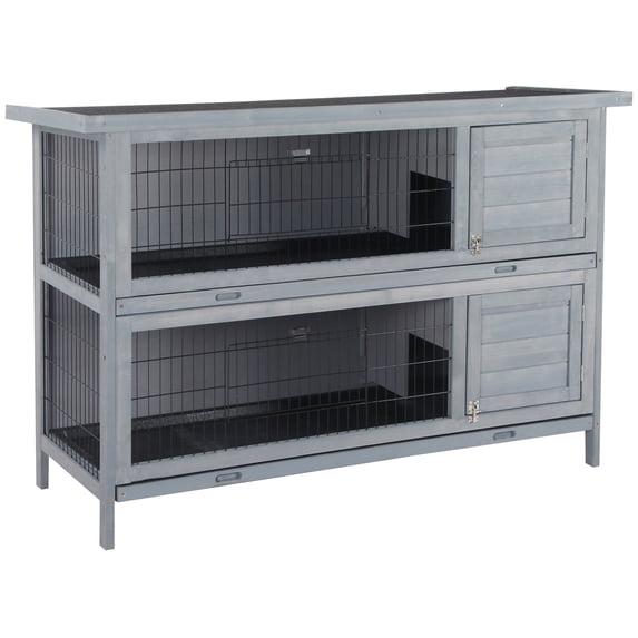 Noaman PawHut 54" 2-Story Large Rabbit Hutch Bunny Cage Wooden Pet House for Indoor/Outdoor, Gray with Lockable Doors, No Leak Tray & Waterproof Roof
