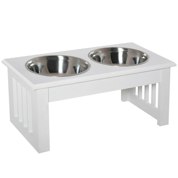 Noaman PawHut 6" Height Small Puppy Dog Feeding Station for Messy Pets, Stainless Steel Elevated Bowls with Modern White Wooden Frame, 17.25" L x 9.5" W
