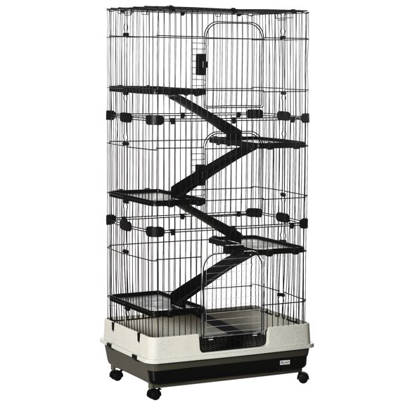 Noaman PawHut 60" Small Animal Cage with Wheels, 6-Level Portable Bunny Cage for Ferrets & Chinchillas, Black Steel Cage with Removable Tray, Platforms & Ramps