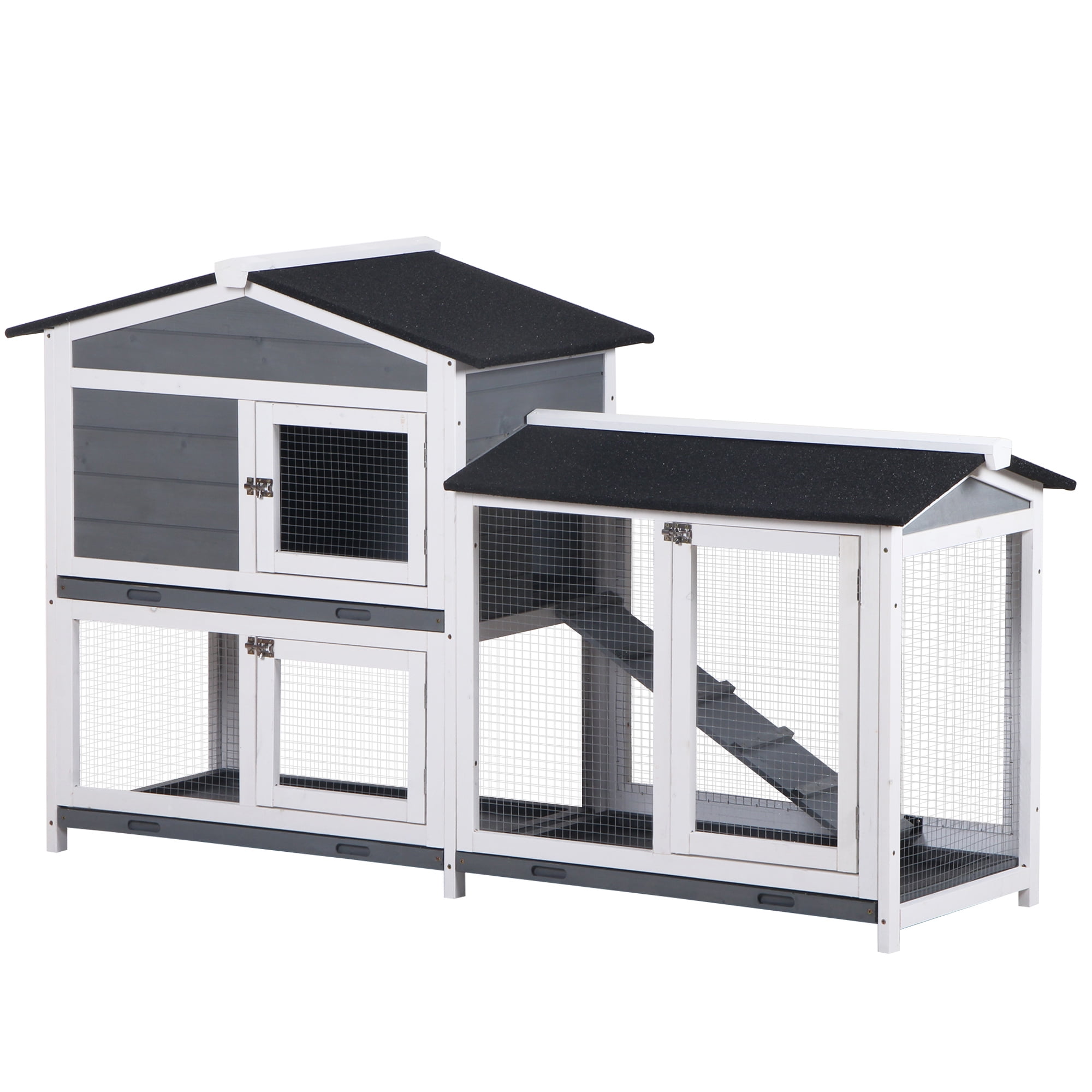 Noaman PawHut 62" Large Wooden Rabbit Hutch with Run Area, Asphalt Roof, Removable Tray, Lockable Doors and Ramp, Gray - Spacious Bunny Cage for Small Animals Like Guinea Pigs, Indoor & Outdoor Use