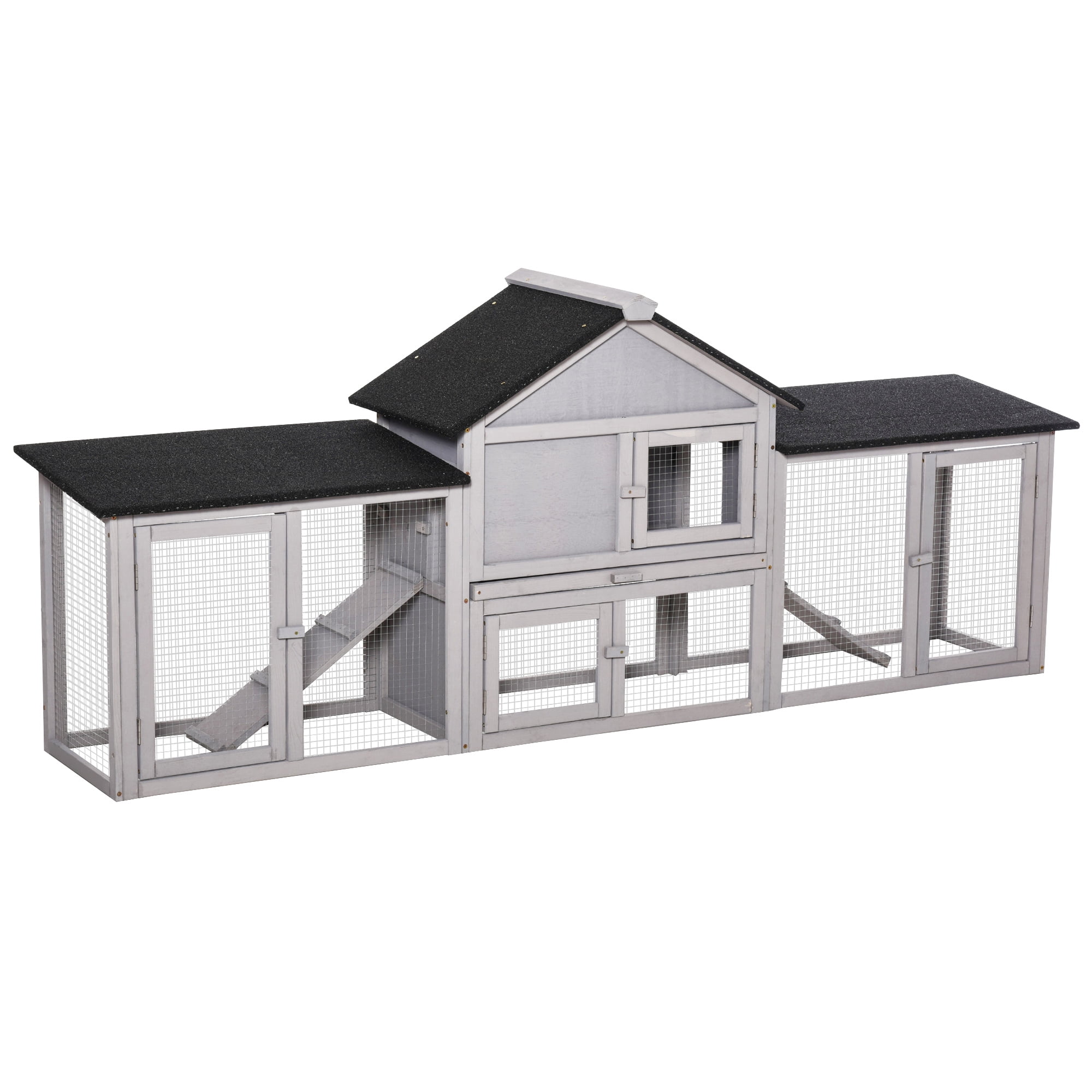 Noaman PawHut 83"L Outdoor Rabbit Hutch, Guinea Pig Cage Indoor Outdoor Wooden Bunny Hutch with Double Runs, Weatherproof Roof, Removable Tray, Ramps, Gray - Spacious 82.75"L x 18"W x 33.25"H
