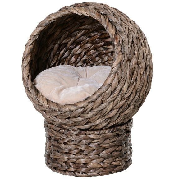 Noaman PawHut Handwoven Elevated Cat Bed with Soft Cushion, Rotating Egg Chair Design, 24" H Raised Wicker Basket for Indoor Cats, Gray