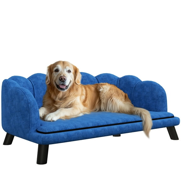 Noaman PawHut Velvet Large Dog Couch with Foam Cushion, 38.8" x 23.8" x 14" Soft & Elegant Dog Bed with Pearl Design, Wooden Legs for Big/Medium Dogs, Dark Blue