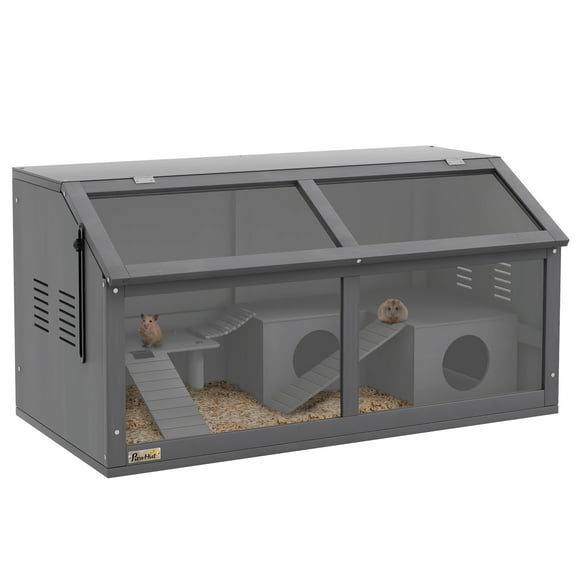 Noaman PawHut Wooden Hamster Cage 33.5" x 17.7" x 17.3", Small Animal Habitat with Suspension Bridge, Ladders, Openable Top & Hut, Charcoal Grey for Gerbils, Mice