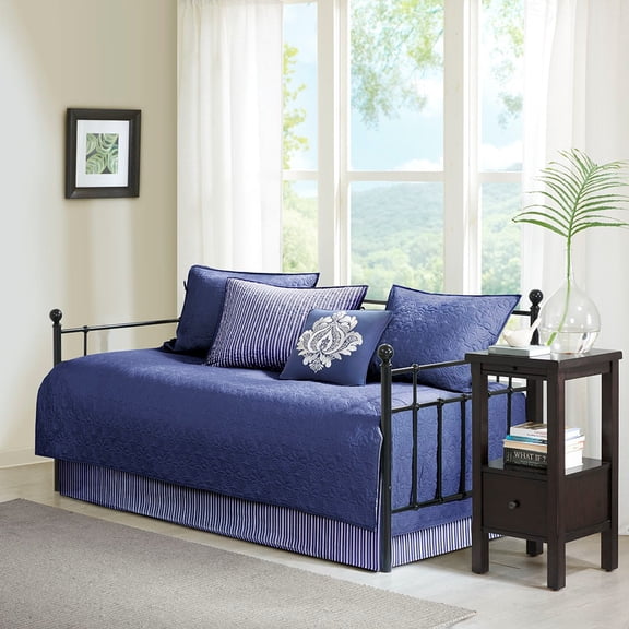 Noaman Reversible Daybed Cover Set for Twin Mattress, Navy Cotton-Filled Bedding, 6 Piece with 3 Shams, Bedskirt and Pillow