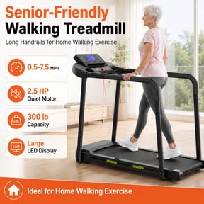 Noaman Senior Walking Treadmill with Long Handrails, Walking Pad Treadmill for Home, 2.5 HP Quiet Motor, 0.5-7.5 MPH Speed Range, Large LED Display, 300 lb Capacity, Black