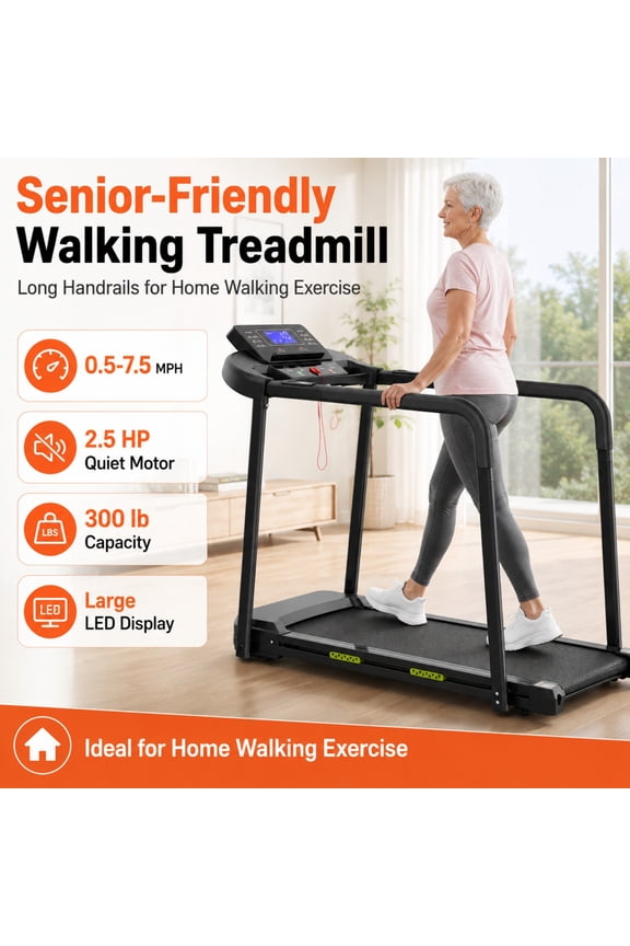 Senior Walking Treadmill with Long Handrails, Walking Pad Treadmill for Home, 2.5 HP Quiet Motor, 0.5-7.5 MPH Speed Range, Large LED Display, 300 lb Capacity, Black