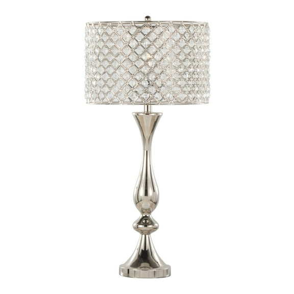 Noaman Topaz 27" Contemporary Table Lamp in Polished Nickel with Clear K9 Crystal Shade, Metal Base, Requires 2x60W Bulbs, Elegant Lighting for Bedroom or Living Room