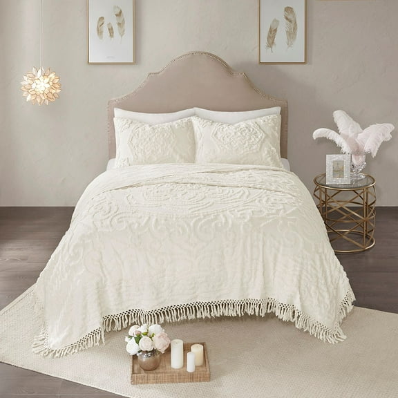 Noaman Tufted Cotton Chenille Medallion Fringe Coverlet Set Off-White King/Cal King Size with 2 Shams