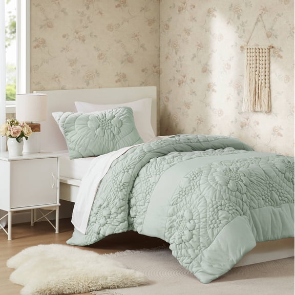 Noaman Twin 2-Piece Sage Floral Puffy Jersey Knit Comforter Set with Sham