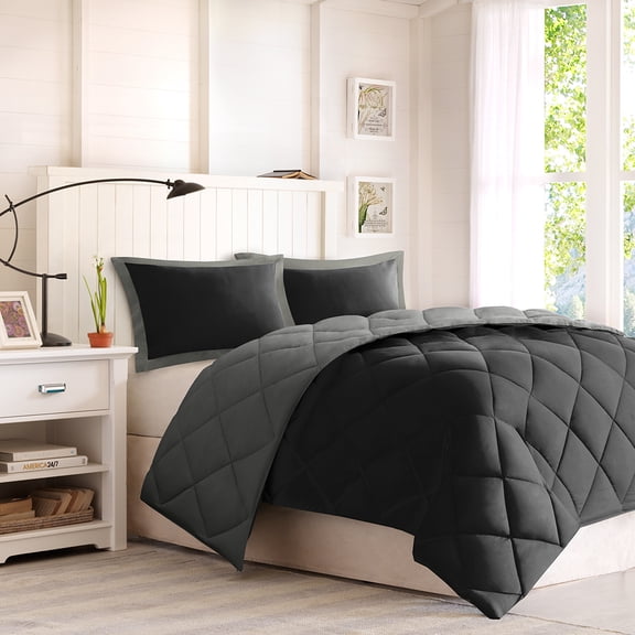 Noaman Twin/Twin XL 3M Scotchgard Diamond Quilting Reversible Down Alternative Comforter Set, Black+Grey, Ultra-Soft Microfiber, Hypoallergenic, Machine Washable