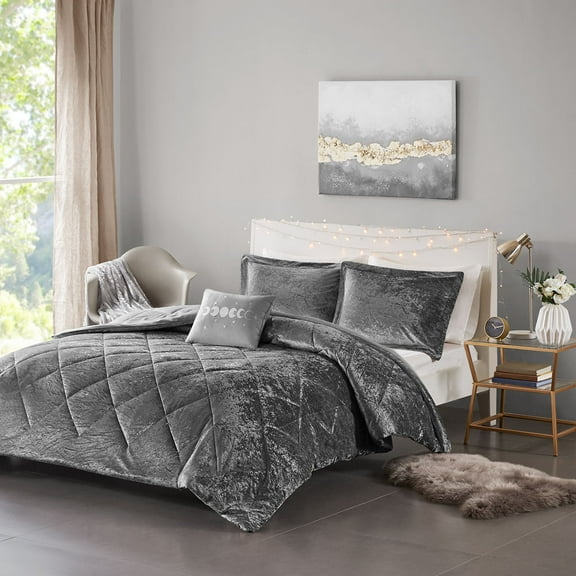 Noaman Twin/Twin XL Velvet Comforter Set with Diamond Quilting, Grey Crushed Velvet Bedding Includes Sham & Pillow