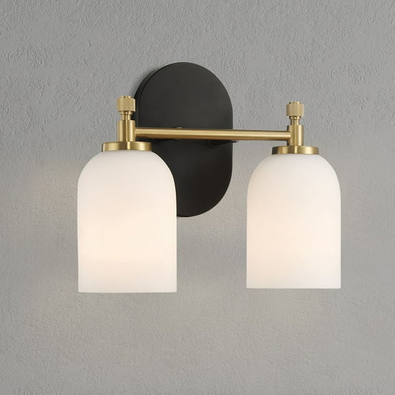 Noaman Vortex Traditional Style Two Lights Vanity Over Bathroom Mirror Wall Sconce with White Frosted Glass, 12.25"W x 10.125"H x 5.5"E, Black/Gold/White