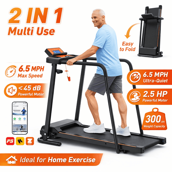Noaman Walking Treadmill for Seniors & Recovery with Extended Safety Handrails, 300 lbs Capacity, 2.5HP Foldable Portable Treadmill for Home, Smart APP Control & Joint Protection Shock Absorption