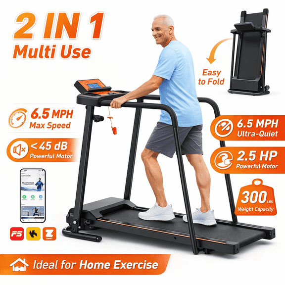 Noaman Walking Treadmill for Seniors & Recovery with Extended Safety Handrails, 300 lbs Capacity, 2.5HP Foldable Portable Treadmill for Home, Smart APP Control & Joint Protection Shock Absorption