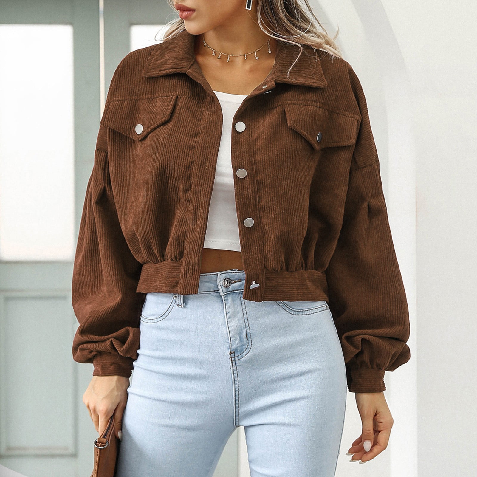 Noarlalf Corduroy Jacket Women Women Knit Cropped Long Sleeve