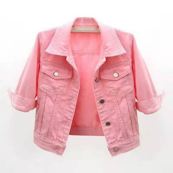 Noarlalf Jackets for Women, Denim Jacket for Women, Women's 3/4 Sleeve Colored Cropped Denim Jacket Light Wash Jacket Lohas Time Coat Winter Coats for Women Pink 3XL