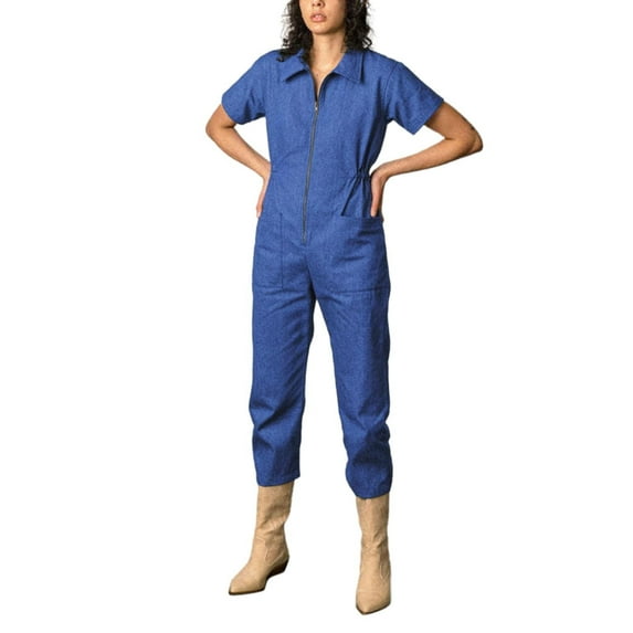 Noarlalf Jumpsuits for Women Casual Cropped Utility Jumpsuit Women's Short Sleeve Jumpsuits Zip up Outfit with Pockets Blue XL
