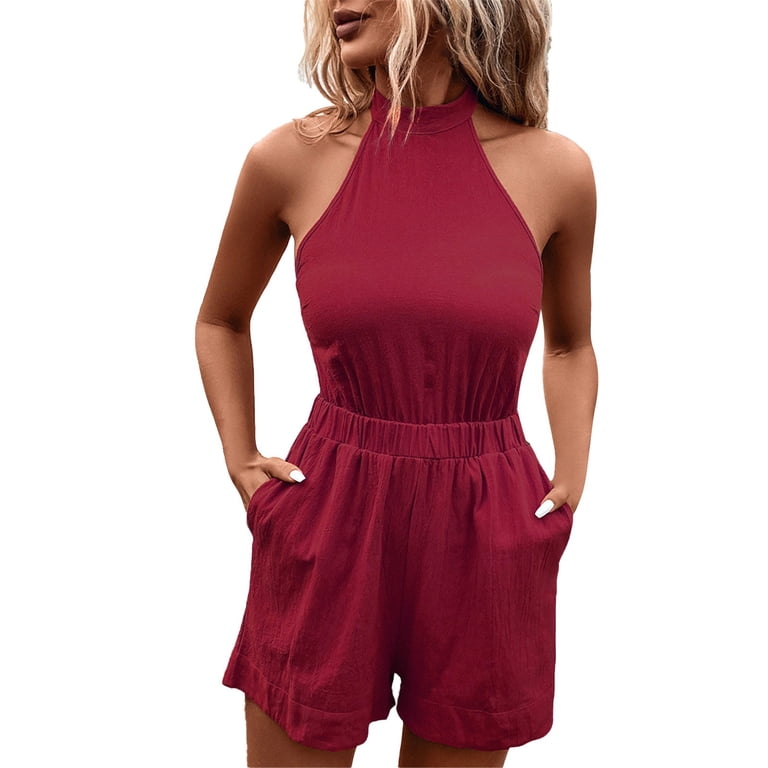 Noarlalf Jumpsuits for Women Casual Women's Halter Waist Sexy Backless Slim  Solid Color Sleeveless Romper Red XL - Walmart.com