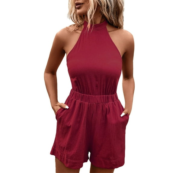 Noarlalf Jumpsuits for Women Casual Women's Halter Waist Sexy Backless Slim Solid Color Sleeveless Romper Red XL