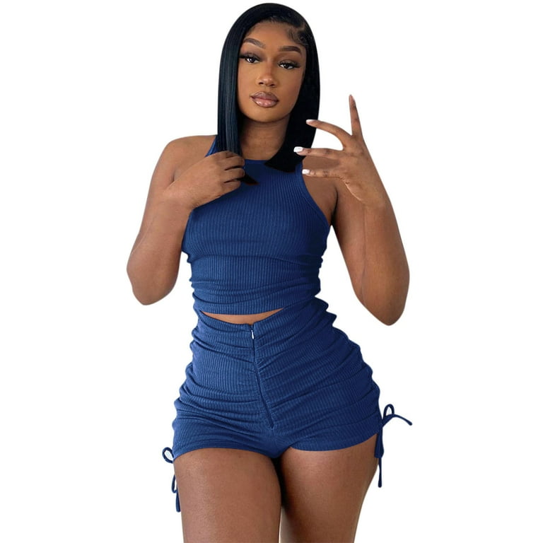 Noarlalf Lounge Sets for Women Summer Two Piece Outfits for Women Stretchy  Ribbed Tank Crop Top Drawstring Ruched Shorts Set Workout Tracksuits Blue  XL 