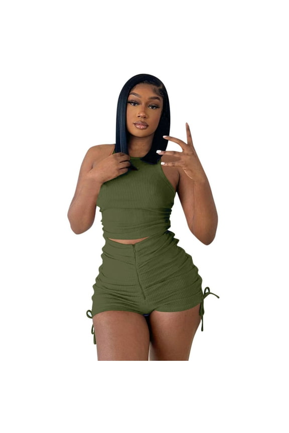 Lounge Sets for Women Summer Two Piece Outfits for Women Stretchy Ribbed Tank Crop Top Drawstring Ruched Shorts Set Workout Tracksuits Army Green S