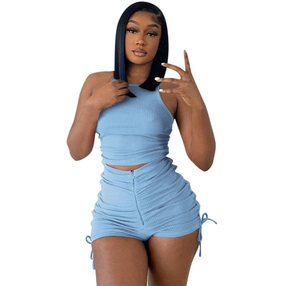Noarlalf Lounge Sets for Women Summer Two Piece Outfits for Women Stretchy Ribbed Tank Crop Top Drawstring Ruched Shorts Set Workout Tracksuits Light blue S