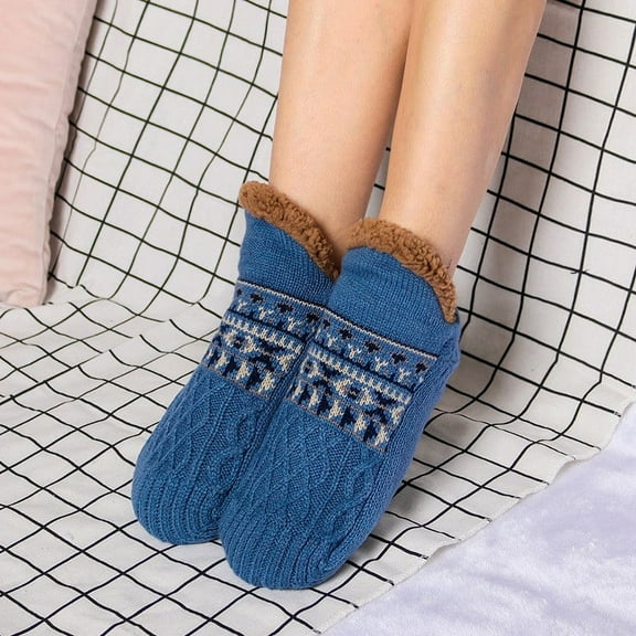 Noarlalf Mens Socks Men Home Slippers Socks Floor Socks Knitted Plush Warm Carpet Socks Home Sleeping Socks Socks for Men Blue