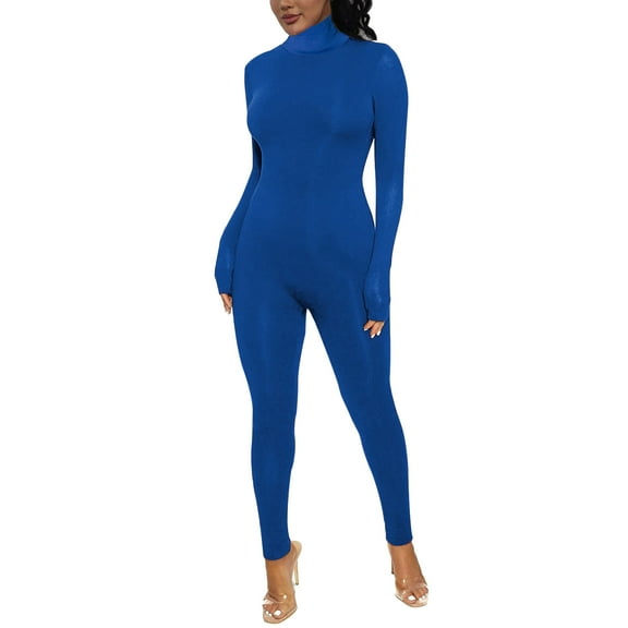 Noarlalf One Piece Jumpsuit Full Body Jumpsuit Large Solid Color Tight Sports Body Building Jumpsuit Long Sleeve Jumpsuit Blue L