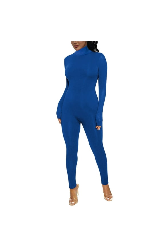 One Piece Jumpsuit Full Body Jumpsuit Large Solid Color Tight Sports Body Building Jumpsuit Long Sleeve Jumpsuit Blue XL