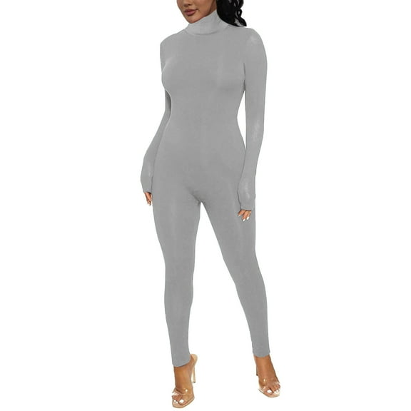 Noarlalf One Piece Jumpsuit Full Body Jumpsuit Large Solid Color Tight Sports Body Building Jumpsuit Long Sleeve Jumpsuit Gray S