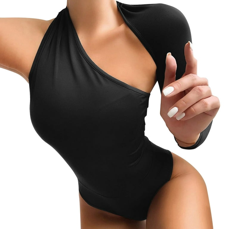 Noarlalf Shapewear Bodysuit Bodysuits for Women Tummy Control Solid Color  Sexy Backless Neck Asymmetric Unilateral Long Sleeve Bodysuit Black M 