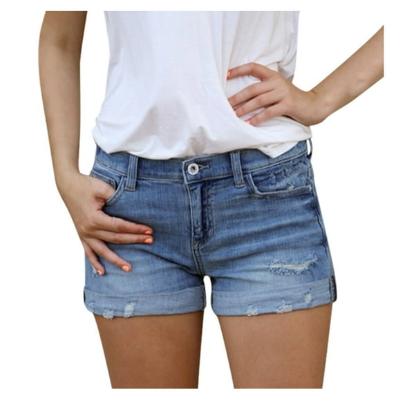 Noarlalf Shorts for Women Jean Shorts Womens Jeans for Women Female Summer Denim Shorts Washed Denim Short Jeans with Pockets Blue L