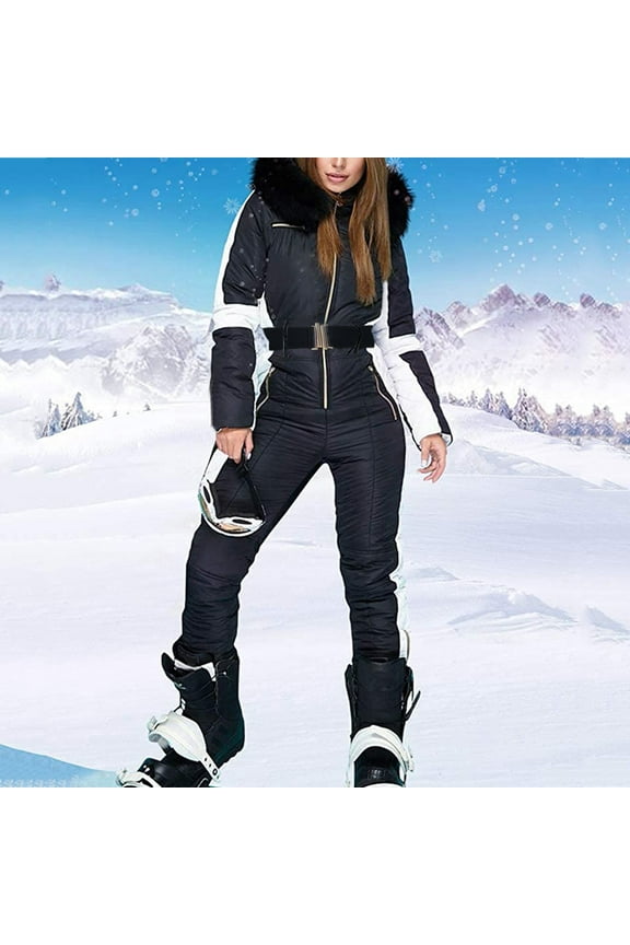Ski Suits Woman Winter Outdoor Sports Jumpsuit with Removable Collar Outdoor Sports Zipper Ski Suit Black M