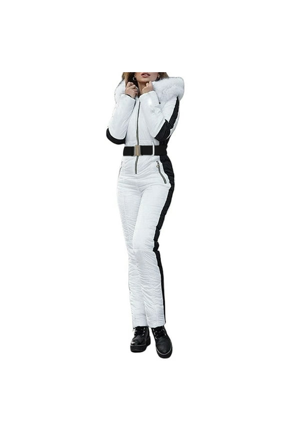 Ski Suits Woman Winter Outdoor Sports Jumpsuit with Removable Collar Outdoor Sports Zipper Ski Suit White L