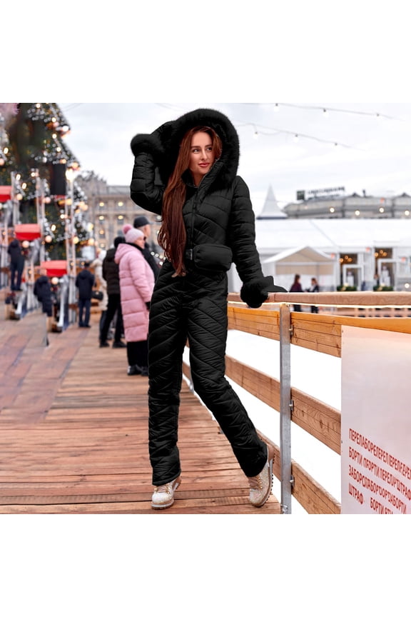 Ski Suits Woman Women Fashion Snowboard Ski Suit Plush Collar Casual Keep Warm Thicken Outdoor Sports Zipper Ski Suit Winter Coats for Women Black M