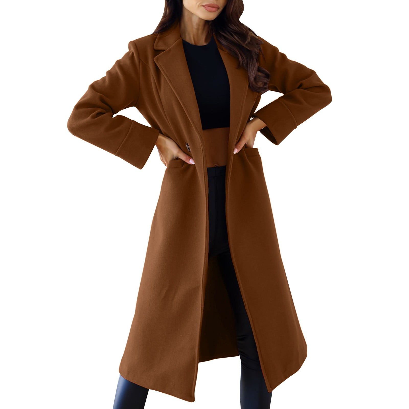 Noarlalf Winter Coats for Women, Solid Color Lapel Double Breasted Coat ...