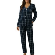 Noarlalf Womens Pajamas Pajama Set Women Casual Lapel Button Plaid Printing Two Piece Long Sleeve Pajamas Pajamas Suit Pajamas for Women Dark Blue L-2